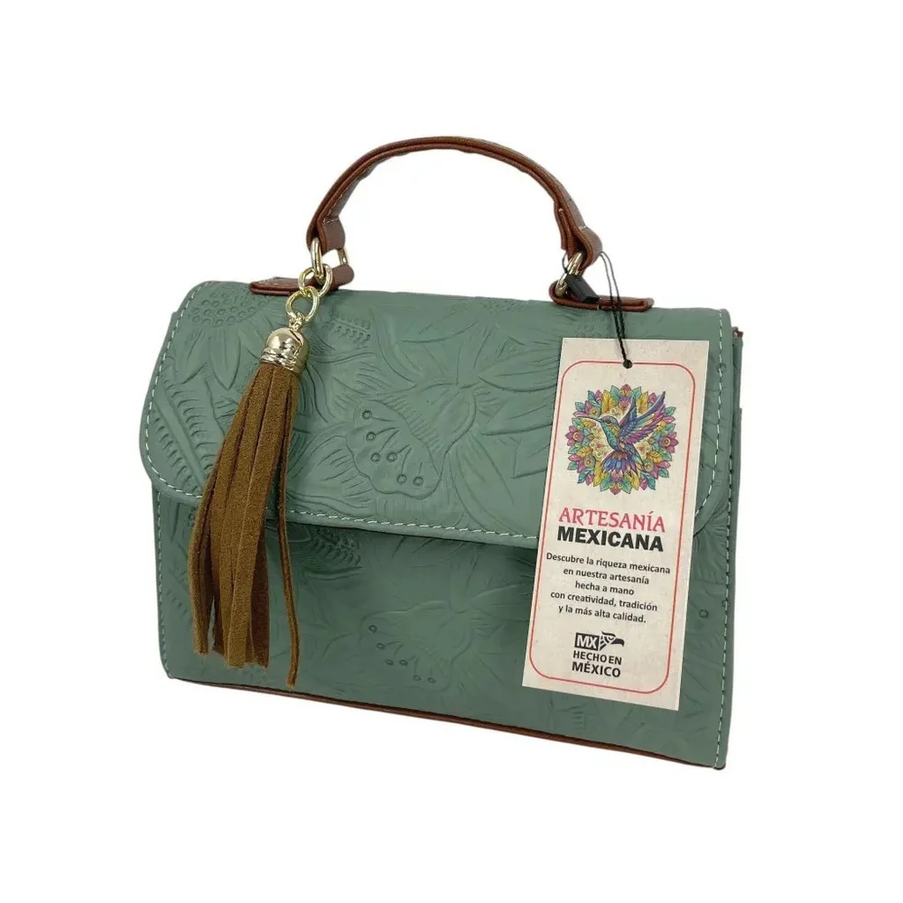 Sage Green Sunflower Embossed Tooled Artisan LEATHER Crossbody Handbag Purse